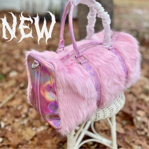 NEW Dolls Kill shaggy candy baby pink fur weekender duffle bag Suitcase Luggage